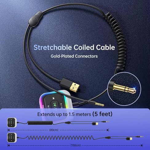 جهاز استقبال بلوتوث Syncwire 5.4 للسيارة 3.5 ملم محول سيارة Aux مستقبل بلوتوث مع كابل ملفوف [إلغاء ضوضاء ميكروفون كبير] [مكالمات بدون استخدام اليدين] [جهير عميق HiFi] [مفتاح إضاءة ملون]، فضي in Kuwait