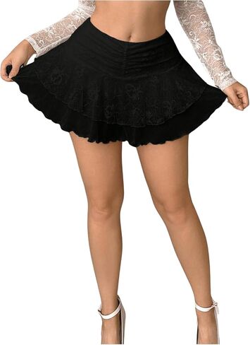 Women's Mesh Tiered Layer Ruched Skirts Casual Ruffle Hem A Line Mini Skirt in Saudi Arabia