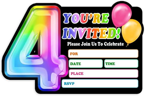 Rainbow Holographic Ballon Invitations with Envelope for 4th Birthday Party Anniversary,Fun Party Invite for Girls Child,Set of 30,4x6 inches in Saudi Arabia