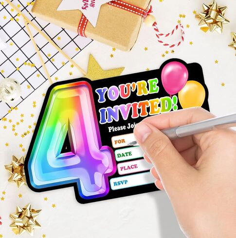 Rainbow Holographic Ballon Invitations with Envelope for 4th Birthday Party Anniversary,Fun Party Invite for Girls Child,Set of 30,4x6 inches in Saudi Arabia