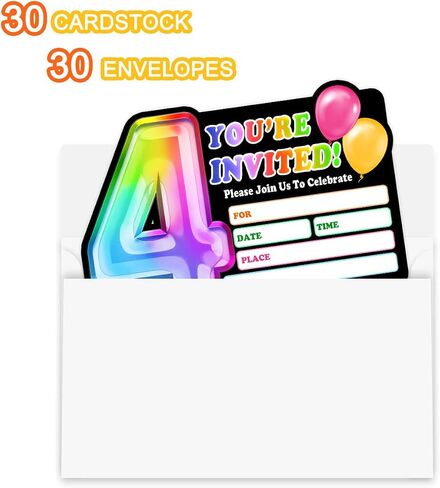 Rainbow Holographic Ballon Invitations with Envelope for 4th Birthday Party Anniversary,Fun Party Invite for Girls Child,Set of 30,4x6 inches in Saudi Arabia