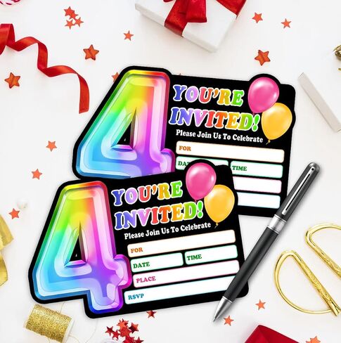 Rainbow Holographic Ballon Invitations with Envelope for 4th Birthday Party Anniversary,Fun Party Invite for Girls Child,Set of 30,4x6 inches in Saudi Arabia