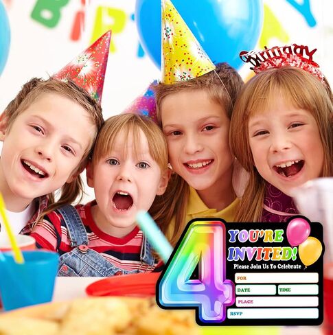 Rainbow Holographic Ballon Invitations with Envelope for 4th Birthday Party Anniversary,Fun Party Invite for Girls Child,Set of 30,4x6 inches in Saudi Arabia