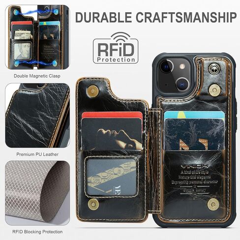 Vinich for iPhone 13 Wallet Case with Card Holder, RFID Blocking for iPhone 13 Case for Women Men, Durable Kickstand Shockproof Phone Case for iPhone 13, Black in Saudi Arabia