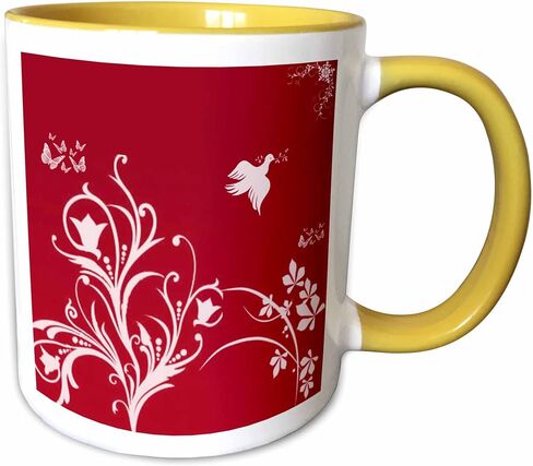 3dRose Floral Pattern in White on a Red Background with Dove and Butterflies. Ceramic Mug, 11-Ounce in Kuwait