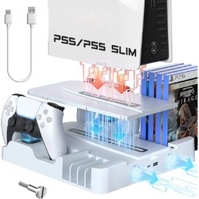 Cooling Station for PS5, PS5 Slim Stand with Dual Controller Charging, 3 Cooler Cooling Fan, 8 Card Slots