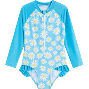 LIZENS Girls' One-Piece Swimwear Rash Guard Swimsuit Zipper Bathing Suits Long Sleeve Ruffle Girl Full Cover Flower Print