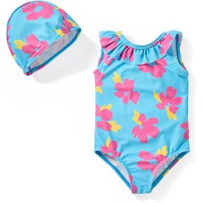Baby Girl Toddler Ruffled One Pieces Swimsuit Bathing Suit Summer Beach Swimwear with Hat