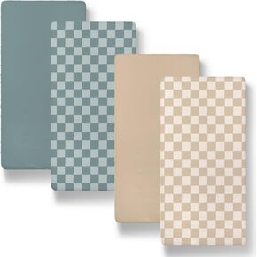 The Peanutshell Organic Bassinet Sheets for Boys or Girls, 100% Jersey Cotton, Universal Fit for Oval, Rectangle, Hourglass Crib Mattresses, Checkered Nursery Decor, Tan Green Teal, 4 Pack