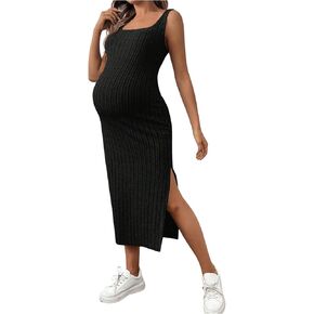 OYOANGLE Women's Maternity Ribbed Knit Split Side Tank Dress Scoop Neck Sleeveless Midi Dresses