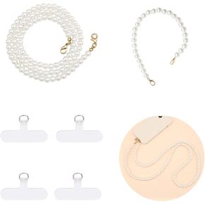 2Pcs Phone Chain Crossbody Pearl Strap Cell Phone Wrist Strap, Universal Cell Phone Lanyard Strap Phone Chain with 4×Tether Tab Fits Most Phones Case Bag Purse White