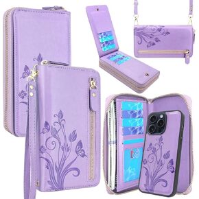 Lacass Case Wallet Compatible with iPhone 15 Pro 6.1 inch 2023, Crossbody Dual Zipper Detachable Leather Wallet phone case Cover (Floral Gray)
