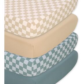 The Peanutshell Organic Crib Sheets for Boys or Girls, Breathable Super Soft 100% Jersey Cotton, Checkered Baby Items, Gender Neutral Nursery Bedding, 4 Pack Set for 28x52 Mattresses, Brown Beige Teal