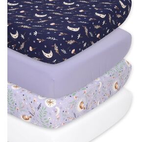 The Peanutshell Baby Girl Crib Sheets, Fitted Baby Sheets for Girls, Fits Standard Size Crib Mattress, 52x28, Floral Moon Celestial Nursery Decor, 4 Pack in Lavender, Purple, Cream, Navy, Pink