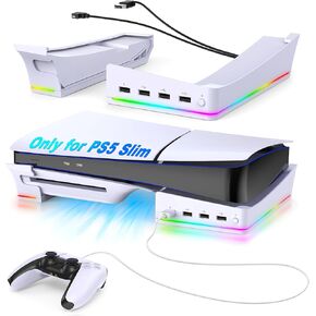 Auarte 2023 RGB Horizontal Stand for PS5 Slim Console Accessories with 14 Light Mode and 4 USB Hubs, Side Stand for Playstation 5 Slim Disc & Digital, Base Holder with Fast Charging, Carbon Black