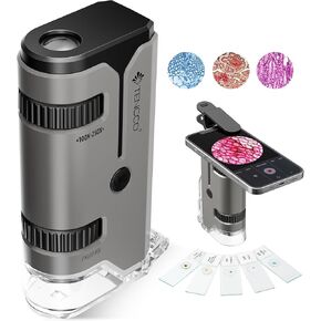 100x-250x Mini Pocket Microscope for Kids Adults, Protable Handheld Microscope with 5 Microscope Slides, Phone Adapter, Miniscope Portable Microscope Kit for Kids Adults Science Lab Education, Grey