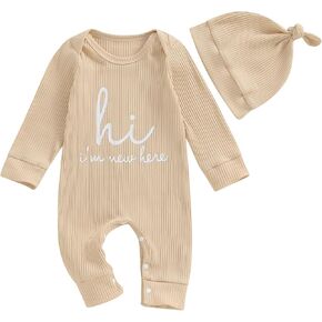 aporake Baby Boy Girl Clothes Hi I'm New Here Newborn Outfit One Piece Romper Bodysuit Jumpsuit+hat Newborn Hospital Outfit