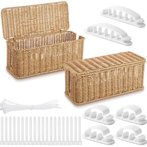 Marsui 2 Pcs Handmade Rattan Cable Management Box 11.8 x 5 x 4.3 Cord Organizer Box 2 Open Slots Baby Pet Proof Cord Hider Box for Home Office Under Desk Power TV Wire Computer Router USB Hub Strip