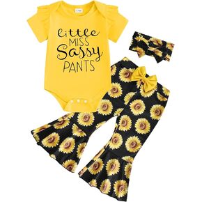 Newborn Baby Girl Bell Bottoms Outfit - Infant Sunflower Print Summer Clothes Ruffle T-Shirt Romper Flared Pant Set
