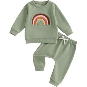 Karuedoo Toddler Baby Girl Clothes Rainbow Embroidery Crewneck Pullover Sweatshirt Top and Pants Set 2Pcs Fall Winter Outfits