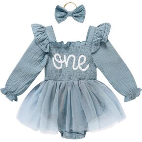 Baby Girl 1st Birthday Clothes One Year Old Tulle Romper Long Sleeve Bodysuit Cake Smash Outfits