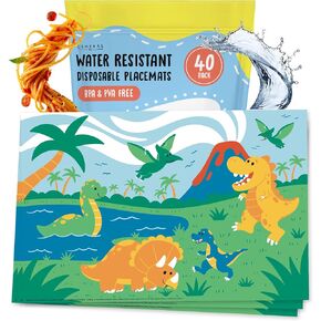 Dinosaur Disposable Placemats for Toddlers - Pack of 40 Adhesive Table Placemats - Travel Baby Essentials - Stick On Covers for High Chair Airplane Tray Restaurant Dining Table Mat - by Central 23