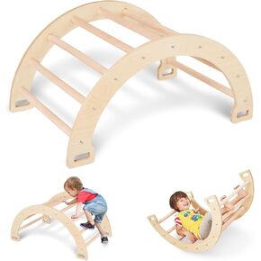 Wooden Ladder Arch for Climbing, 3-in-1 Kids Climber Ladder & Rocker Board, Triangle Climber for Playground, Gym & Daycare, Climbing Toy for Toddlers Boys Girls