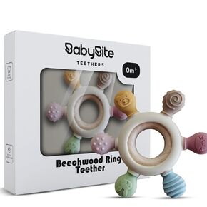 [BabyBite] Baby Teething Toys Silicone and Beechwood Animal Teether for Sensory and Developmental Play for Baby and Toddler 100% BPA Free Food Grade Silicone for 0M+