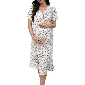 OYOANGLE Women's Maternity V Neck Lace Patchwork Pjs Dress Loose Ruffle High Waisted Nursing Gown Preganacy Dress