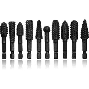 Wood Working Tools Cutting Carving Tools 10pcs Rotary Burr Wood Rasp Files Set for Woodworking with 1/4 Inch Hex Shank Wood Power Tools for Engraving Grinding Polishing