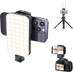 Phone Tripod Mount with Light, Camera Phone Mount with Hotshoe, Rechargeable RGB Video Light for DSLR Cameras Photography Selfie Tiktok Content Creator Accessories