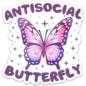 (3PCs) Antisocial Butterfly 3" Sticker, Introvert Mental Health Decals Vinyl Waterproof Stickers for Kindle Laptop Water Bottle Phone Case, Reading Stickers (3 Inches)