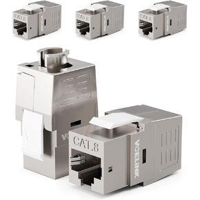 VCE RJ45 Cat8 Shielded Keystone Jack, 40Gbps 180-Degree Easy Toolless Modular Jack PoE for 22 to 24 AWG Solid or Stranded S/FTP Ethernet Cable, Silver, 5 Pack