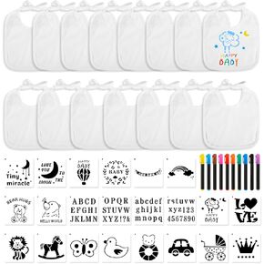 47pcs DIY Baby for Bibs Decorating Kit, Including 15pcs White Baby for Bibs to Decorate, 22pcs 2 Sizes Baby Stencils for Painting, 10pcs Fabric Markers, Blank Design for Bibs, Baby Shower Game