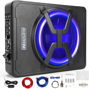 10 Inch 800W Under Seat Car Subwoofer Bass Active Stereo with Multi Colors Ambient Lighting,Built-in Car/Truck Audio Amplifier & with Wiring Kit, Remote Control and Enclosure Black