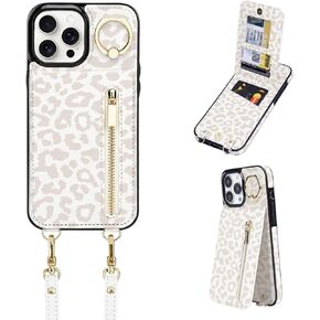uCOLOR for iPhone 12/12 Pro Wallet Case with Card Holders for Women, Crossbody Zipper Protective Leather Case with Strap Wrist Ring RFID Protective Flip Case (Leopard)
