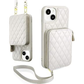 Crossbody Wallet Case Compatible with iPhone 15 with Strap-RFID Blocking Zipper Card Holder Quilted Leather Phone Cover Wristlet Lanyard women (6.1-inch)-Cream White