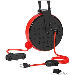 30 Ft Retractable Extension Cord Reel30 ft 16AWG 3 Electric Power Outlets Ceiling or Wall Mount Red and Black.