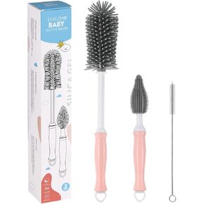 Zooawa Baby Bottle Brush, 3-in-1 Baby Cleaning Brush with Nipple Straw Brush, Silicone Bottle Brush Reusable Bottle Cleaner Brush Set for Baby Bottle Sport Bottle Water Bottle, Pink