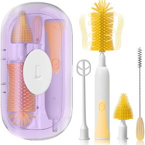 Electric Baby Bottle Brush Travel Set with Automatic Spinning Bottle Brush,Electric Bottle Brush Cleaner，Straw Brush and Electric Milk Frother,Essentials Gift for Mom After Birth (Yellow)