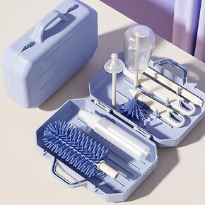 6 in 1 Baby Bottle Brush Set, Portable Travel Bottle Cleaner Kit with Drying Rack, 360° Cleaning Silicone Baby Bottle Brush, Nipple Brush, Straw Cleaner Brush, Soap Dispenser and Organizer Case (Blue)