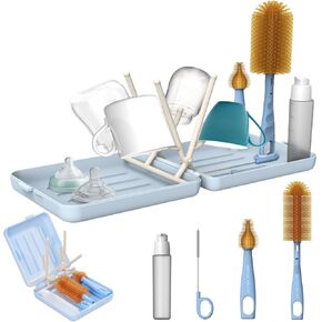 Travel Bottle Brush Travel Bottle Cleaner Kit with Portable Bottle Drying Rack Baby Bottle Brush Straw Cleaning Brush Nipple Brush Soap Dispenser & Organiser Case Baby Travel Essential (Blue)