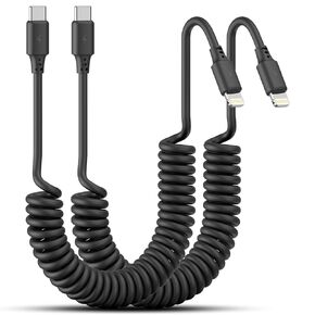 Coiled USB C to Lightning Cable 3FT, 2 Pack Short iPhone Car Charger Cord Fast Charging Retractable USB C to iPhone Cord for CarPlay Compatible with iPhone 14/13/12/11Pro/X/XR/8/7/6s/Plus/iPad