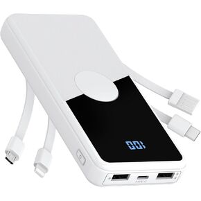Portable Charger with Built in Cables,High Speed Power Bank 10000mAh Travel Battery Pack 5 Outputs 3 Inputs Portable Phone Charger Backup Battery for iPhone, Samsung, iPad,Tablets (Black)