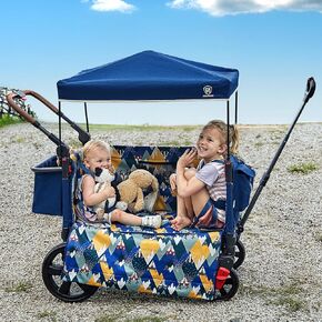 EVER ADVANCED Side-Unzip Wagon Stroller for 2 Kids, Push Pull Stroller with Adjustable Handle, Easy Access Zipper Door, 5-Point Harness, UV-Protection Canopy Shock-Absorbing Wheels, Fox Printing