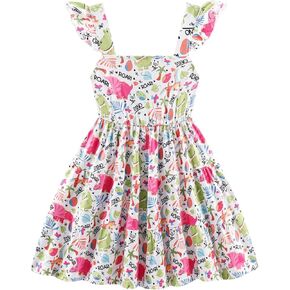 Girls Summer Dress Floral Ruffle Sleeve Sundress Tiered Swing Midi Beach Dress Casual A-line Dresses 18M-7T