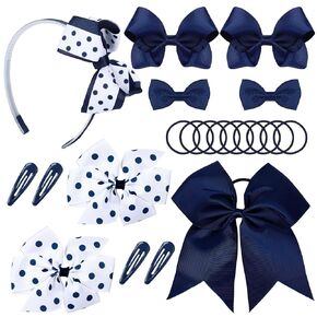 Whaline 20Pcs Back to School Uniform Hair Bows Set Navy Blue White Multi-styled School Bows Hair Clips Accessories with Headband Hair Ties Snap Hair Clips for Female Student Supplies