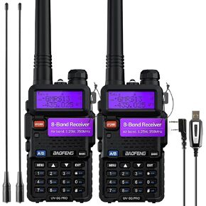 BAOFENG UV-5G PRO GMRS Handheld Radio, UHF/VHF/Airband/220MHz/350MHz Scanner & Receiver, GMRS Repeater Capable, Long Range Two Way Radio with Programming Cable 15.5" Antenna, Support Chirp, 2 Pack