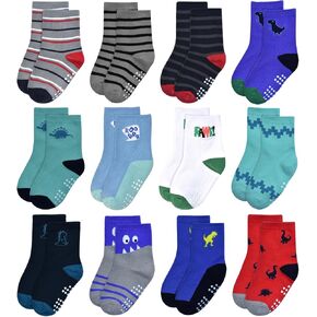 ELUTONG Baby Boys Socks with Grip Non Slip Toddler Socks Anti Skid Crew Socks for 0-7 Years Babies Infants Kids(12 Pairs)