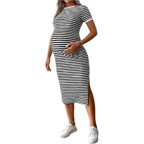 Women's Casual Striped Maternity Dress Short Sleeve Sleeve Split Thigh Bodycon Dresses Pregnancy Clothes